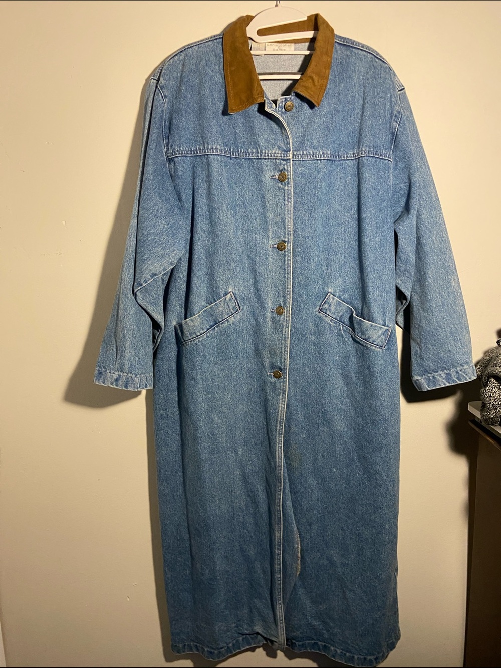 Women’s Light Blue Denim Long Coat with Faux Suede Collar